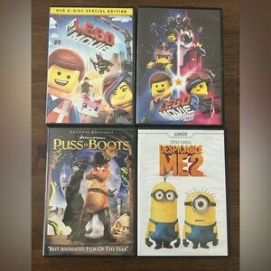 Animated DVD Set of 4- LEGO Movie 1 & 2, Puss In Boots, Despicable Me 2